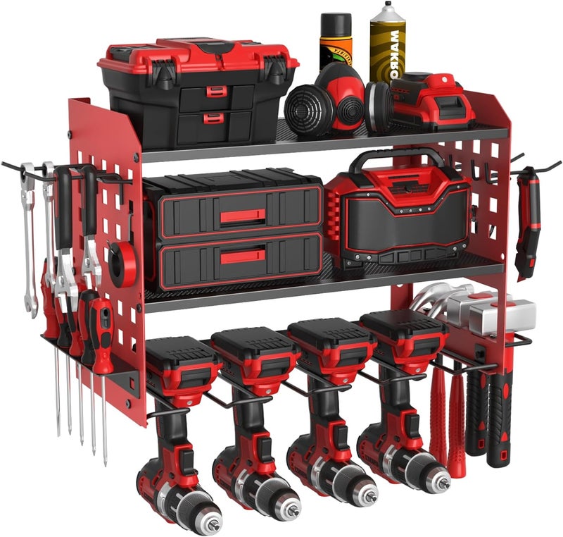SUNALLY Store Power Tool Organizer, Heavy Duty Wall Mount Tool Organizer 3 Layers with 4 Drill Holders, Garage Tools Storage Rack with 2 Side Pegboards and Hooks for Workshop, Shed, Red - Image 1